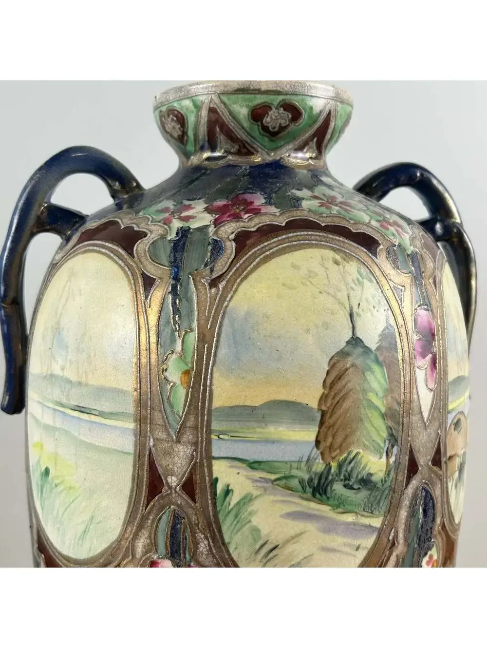 Japanese Early 1900s Art Pottery Cobalt Blue Moriage Scenic Panel Floor Vase